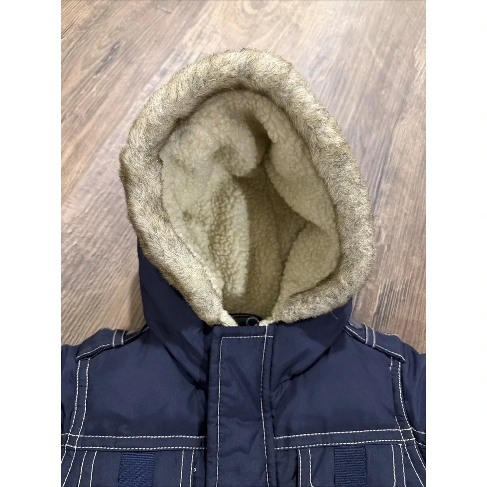 Baby Gap 3-6 Months Down Filled Cargo Pocket Down Faux Fur Hooded‎ Snowsuit Navy